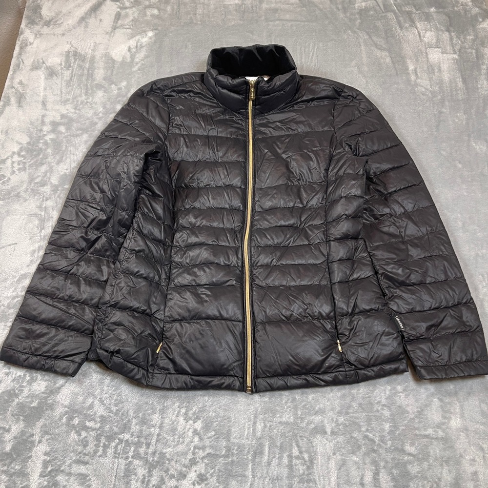 Calvin Klein Womens Jacket Medium Black Quilted Puffer Gold Zip Leopard Lining
